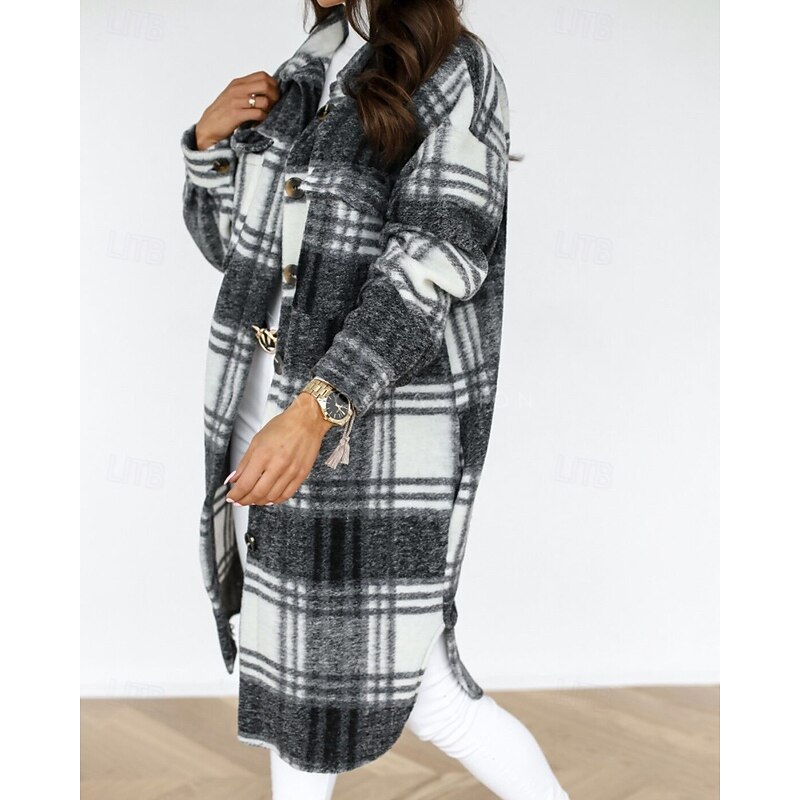 Women's Jacket Casual Jacket Warm Comfortable Pocket Buttons Casual Plaid Vacation Daily Wear Going out Weekend Long Turndown Regular Fit Long Sleeve Outerwear Black White Coffee Spring Fall4