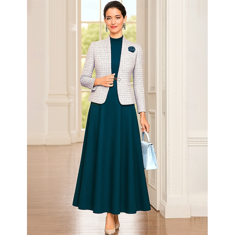 Two Piece Dress Sets Mother of the Bride Dress Formal Elegant Tailored Crew Neck Tea Length Woolen Sleeveless Short Jacket Skirts with Flower
