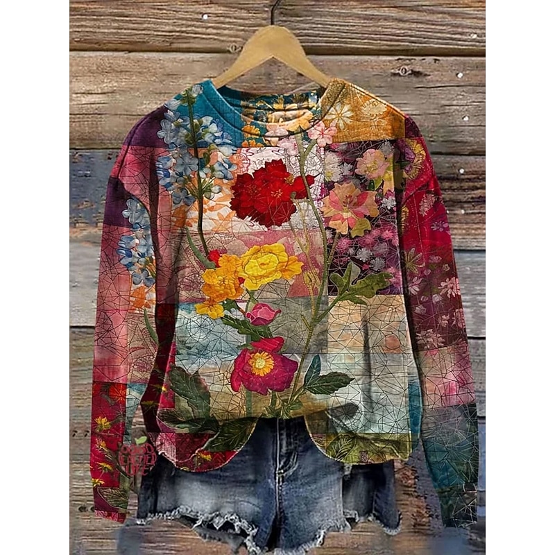 Women's Pullover Sweatshirt Floral Graphic Casual Long Sleeve Crew Neck Regular Tops Home Work Street Patchwork Red Spring Fall Winter