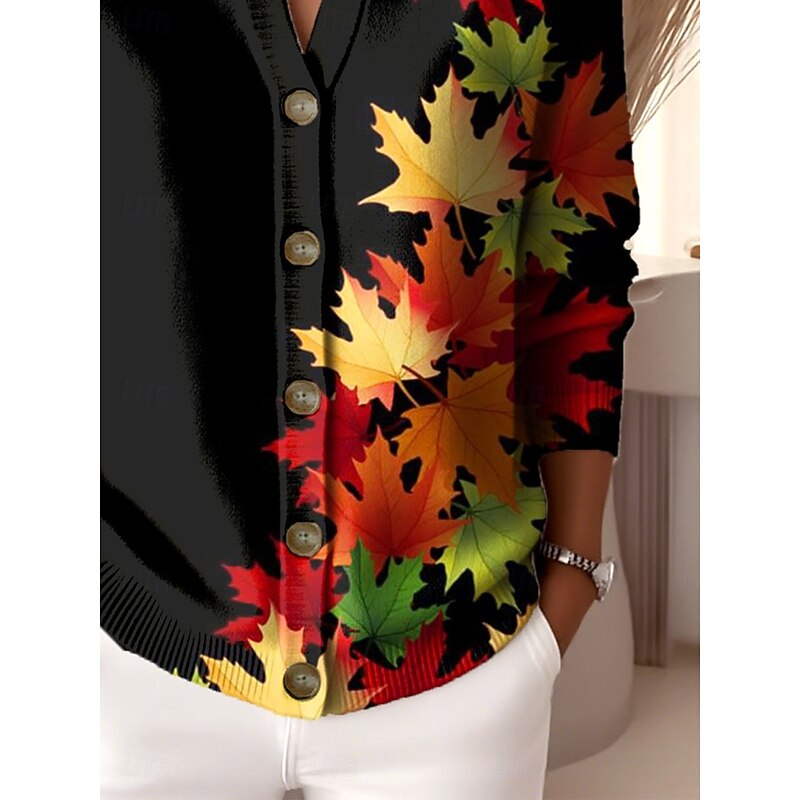 Women's Cardigan Fashion Daily Casual Floral Ribbed Crew Neck Buttons Print Long Sleeve Regular Tops Knit Outdoor Daily Date Red Fall Winter3