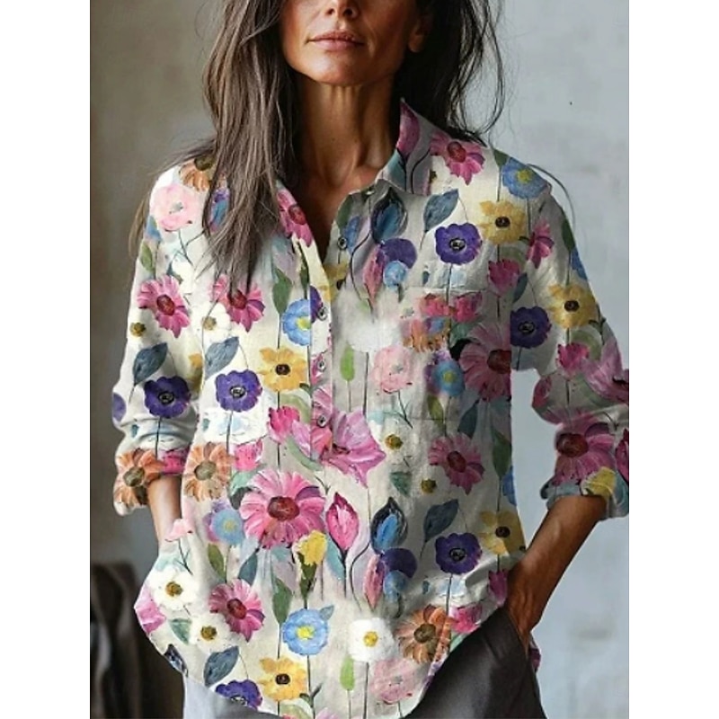 Women's Shirt Floral Stylish Casual Long Sleeve Shirt Collar Regular Tops Daily Pocket Buttons Print White Purple Green Khaki Summer Spring Fall2