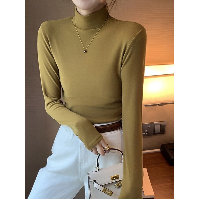 Women's Blouse Solid Color Elegant Stylish Basic Long Sleeve Turtleneck Regular Tops Daily Black White Yellow Red Purple Fall Winter4