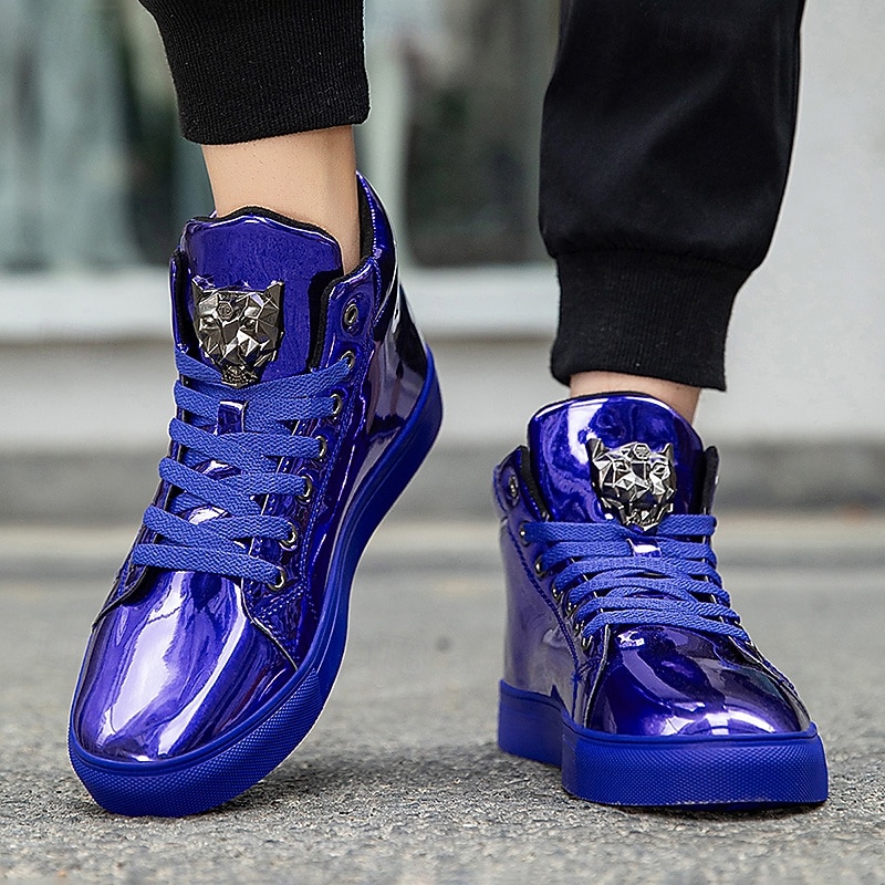 Men's Blue Metallic High Top Sneakers – Stylish Lace-Up Fashion Shoes with Glossy Finish for Street Dance, Nightlife and Parties4