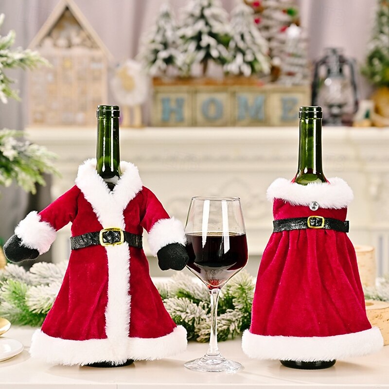 2pcs Christmas Wine Bottle Covers Creative Santa Dress Skirt Outfit Decoration, Festive Red Wine Bag for Holiday Party Table & Home Decor