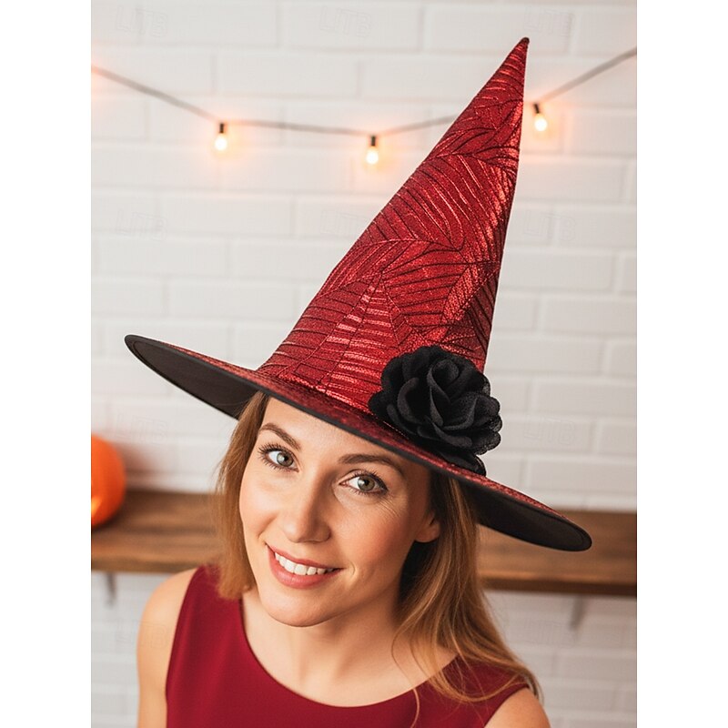 Women's Halloween Witch Hat – Foldable Colorful Pointed Hat with Flower Decoration for Costume Party, Cosplay and Festival Outfits4