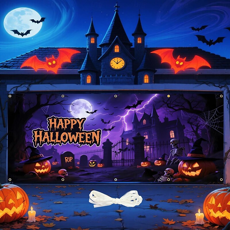 Halloween Garage Door Cover Dark Haunted House Pumpkin Skull Tombstone Scene Spooky Outdoor Decoration Creepy Horror Haunted Yard Decor Scary Halloween Party Supplies for Outdoor Decor2