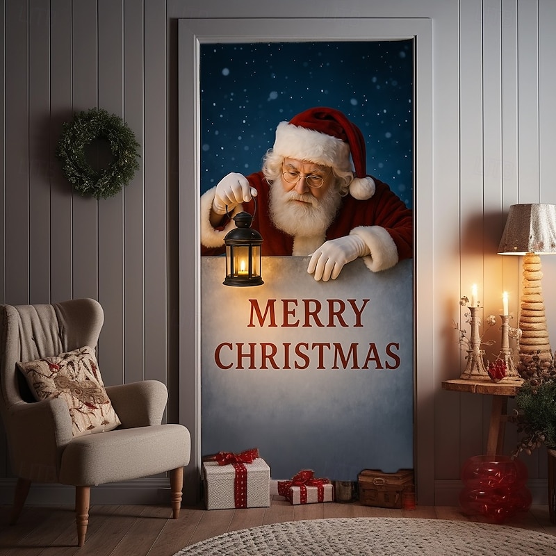 Christmas Door Cover, Santa Claus Merry Christmas Greeting Door Curtain Backdrop for 2025 Xmas Party Home and Outdoor Holiday Decorations2