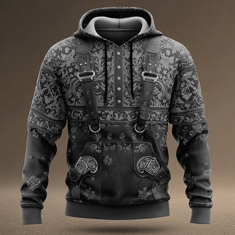 Men's Cowboy Hoodie Sweatshirt Ethnic Cowboy Crew Neck Streetwear Blue Brown Drawstring Fall Winter Designer4