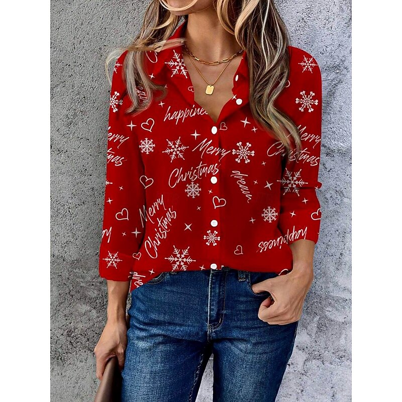 Christmas Women's Shirt Graphic Letter Snowflake Vintage Daily Stylish Long Sleeve Shirt Collar Regular Tops Work Daily Buttons Print Red Fall Winter4