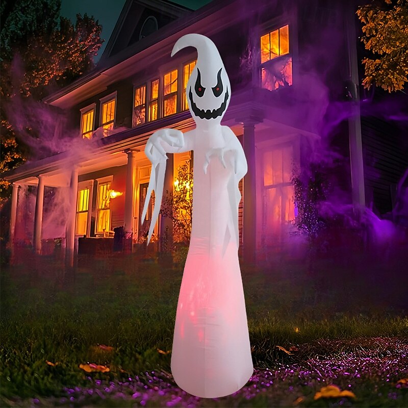 1 Pc 2.7M/9FT Halloween Horror Ghost White Ghost LED Flame Lamp Inflatable Air Model Indoor and Outdoor Courtyard Garden Lawn Party Horror Atmosphere Decorative Lamp EU/US/UK/AU Plug3
