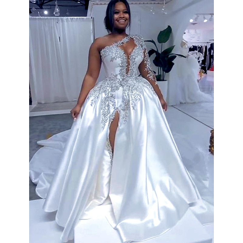 Formal Wedding Dresses Ball Gown One Shoulder Regular Straps Court Train Satin Bridal Gowns With Beading Split Front4