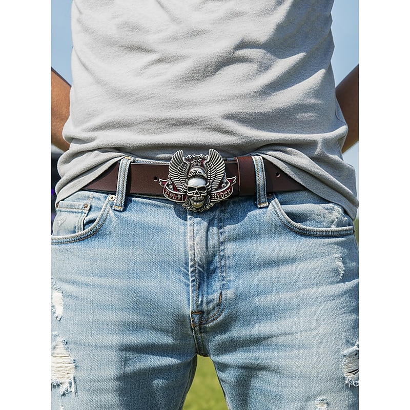 Men's Halloween Genuine Leather Belt with Skull Eagle Buckle – Gothic Punk Rock Biker Style Accessory for Parties and Festivals2