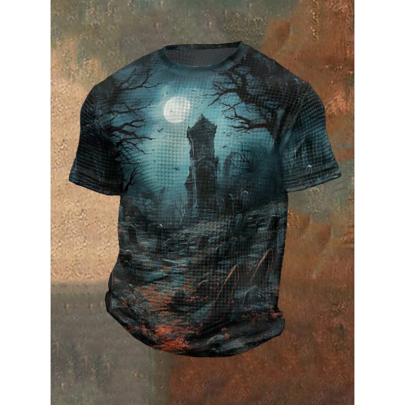 Men's Halloween Shirt Graphic Tee Waffle T Shirt Pumpkin Bat Crewneck Clothing Apparel 3D Print Outdoor Holiday Theme Party Halloween Party Short Sleeve Print Vintage Halloween2