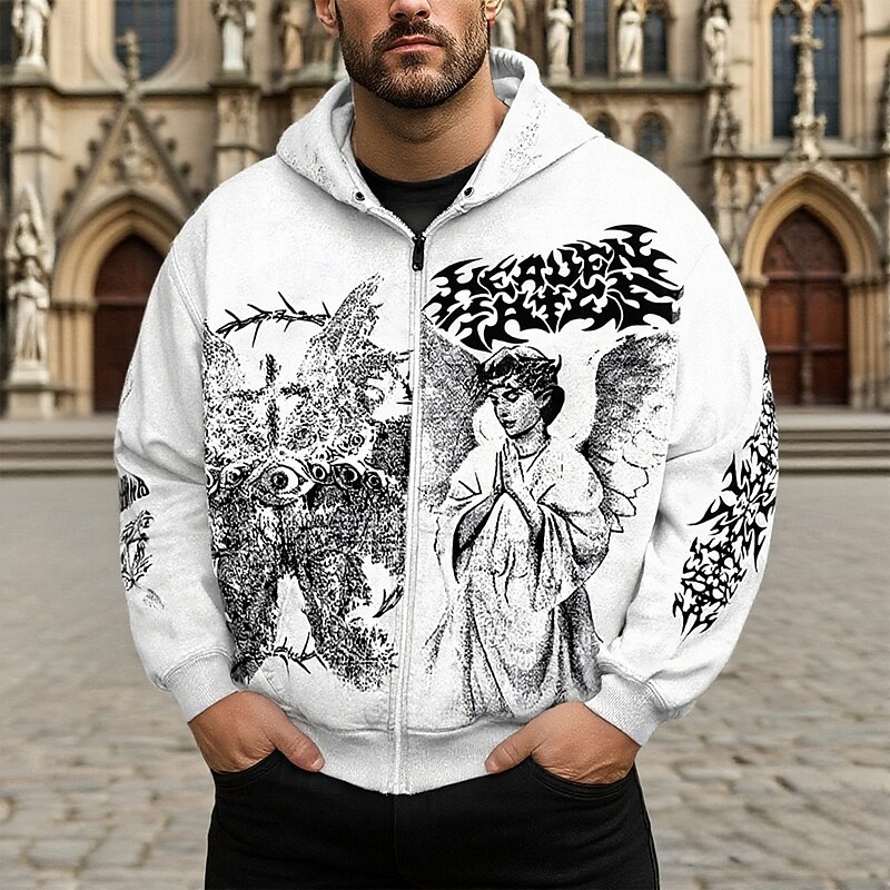 Men's Graphic Angel Hoodie Fashion Daily Hooded Vacation Party Streetwear Black White Zip Up Pocket Printing Spring Fall Designer