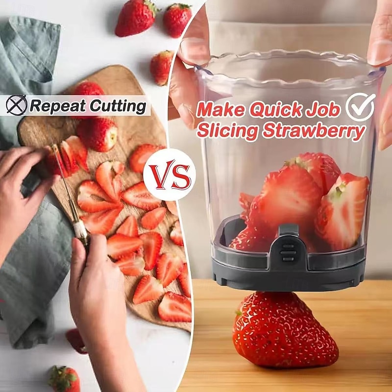 Multi functional vegetable mushroom egg and strawberry slicing cup - durable plastic food chopper with safety cover manual kitchen tool quick meal preparation dishwasher compatible4