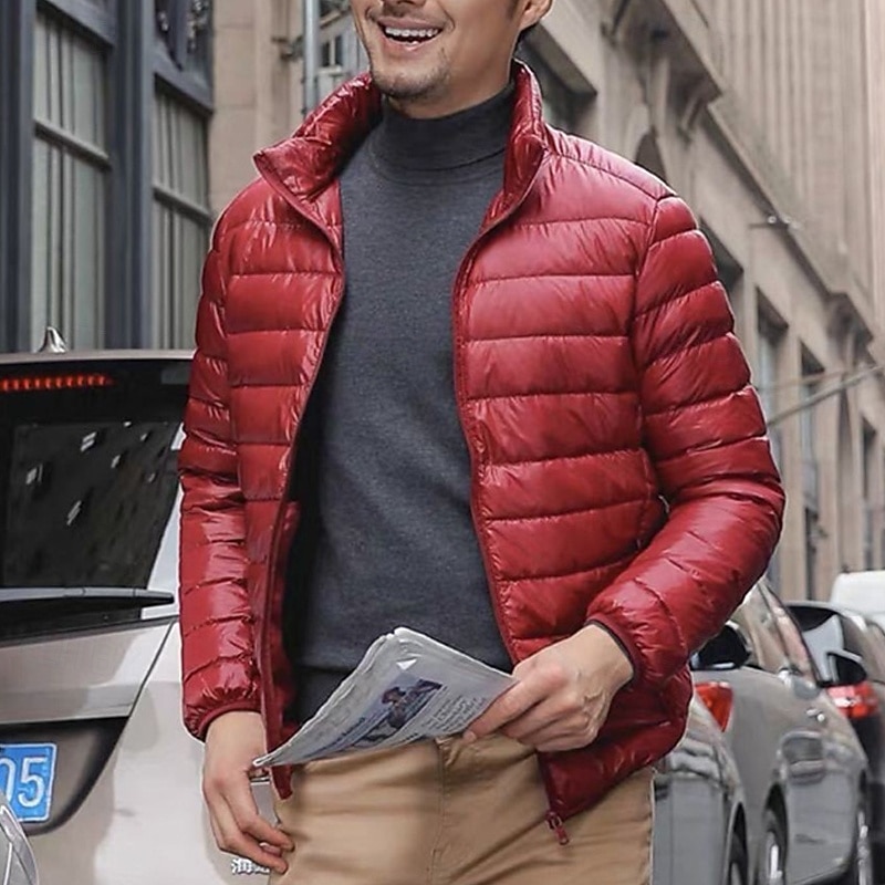 Men's Winter Coat Puffer Jacket Padded Jacket Pocket Polyster Vacation Daily Wear Date Regular Fashion Casual Comfortable Thermal Warm Winter Solid / Plain Color Wine Black Navy Blue Blue Puffer