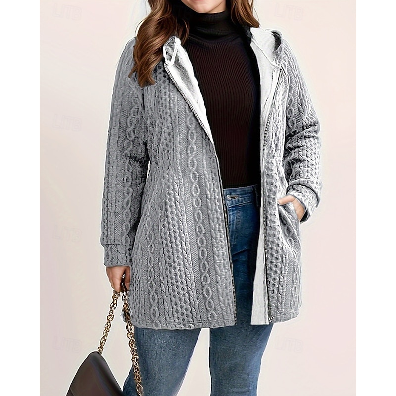 Women's Hoodie Jacket Comfortable Zipper Pocket Casual Plain Vacation Daily Wear Going out Regular Hooded Regular Fit Long Sleeve Outerwear Black Brown Light Grey Fall Winter2