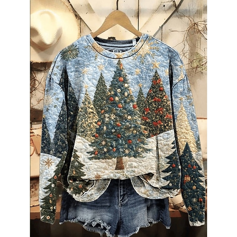 Women's Pullover Sweatshirt Christmas Tree Christmas Casual Long Sleeve Crew Neck Regular Tops Street Dailywear Casual Blue Green Dark Gray Fall Winter3