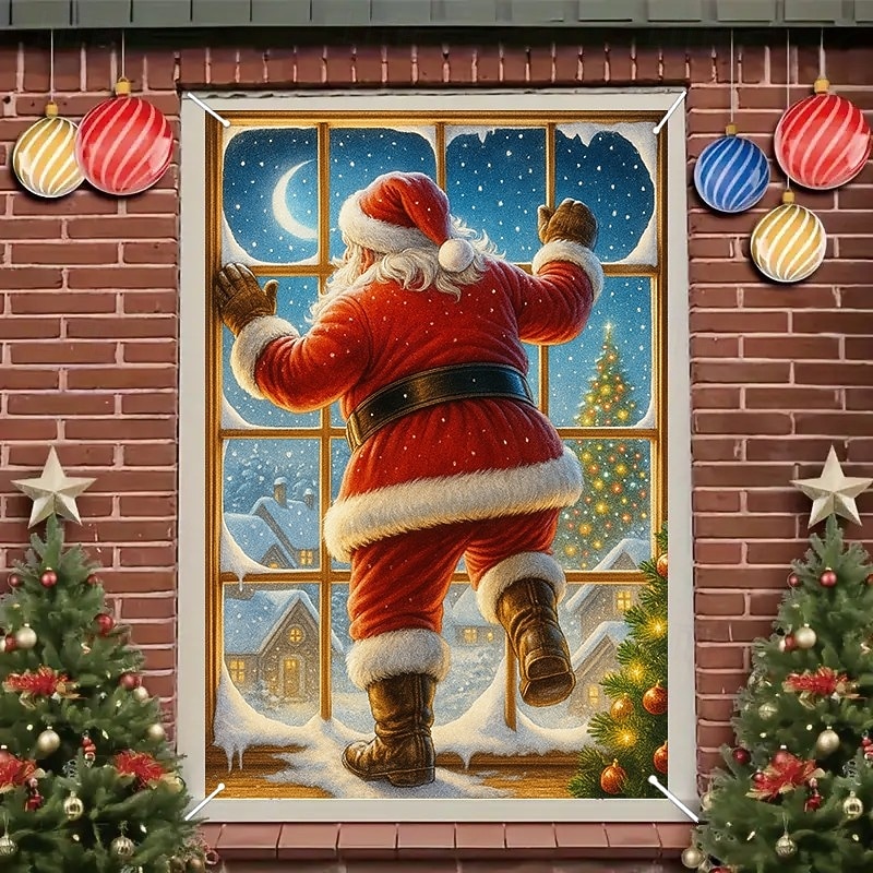 Christmas Santa Climbing Curtain, 2025 Xmas Fun Window Curtain Door Cover for Holiday Party Decoration, Front Door Indoor Outdoor Hanging Tapestry