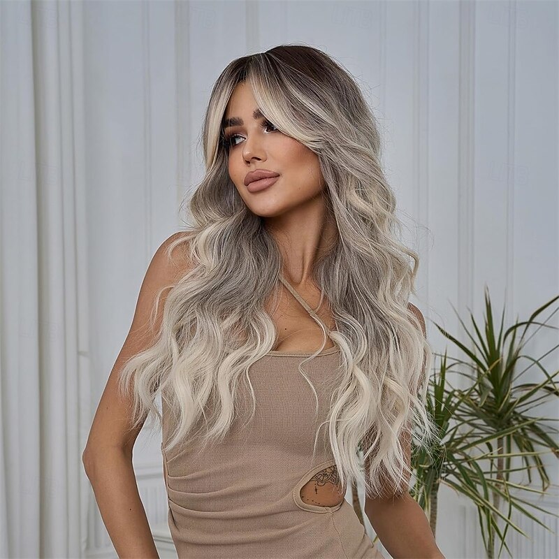 Women Long Ombre Grey Wavy Wigs with Black Root 26 Inch Wigs Natural Looking Synthetic Heat Resistant Fiber Wig for Daily Party Use3