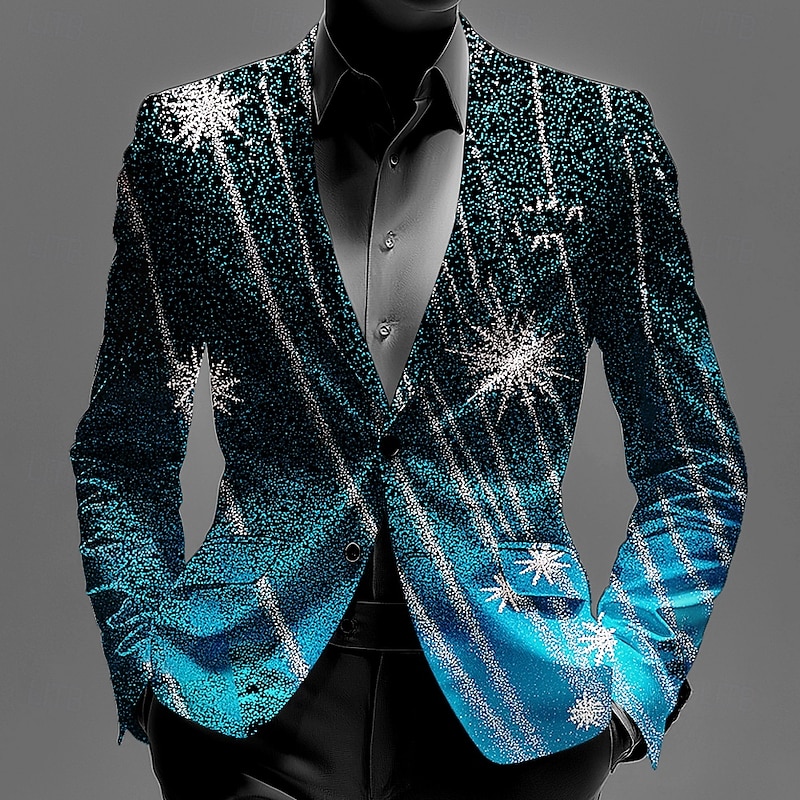 Men's Blazer Coat Christmas Casual Casual Daily Fall / Winter 100% Polyester Snowflake 3D Print Buttons Thermal Warm Comfortable Single Breasted Blazer Red Navy Blue Blue Purple4
