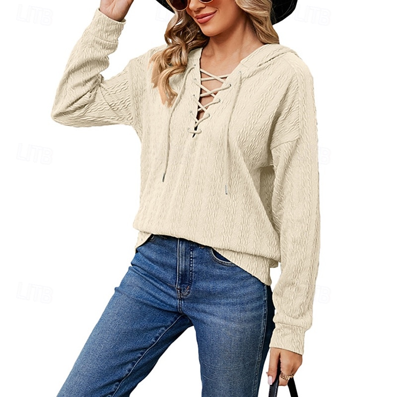 Women's Pullover Hoodie Sweatshirt Plain Sports Fashion Casual Long Sleeve Hooded Regular Tops Street Dailywear Drawstring Khaki Fall Winter