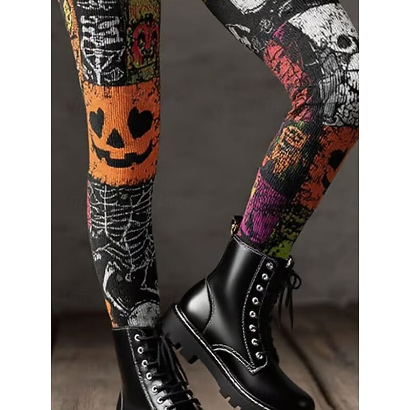 Women's Leggings Vacation Vintage Ethnic Style Full Length High WaistPantsHalloween Graphic Skull Drawstring Patchwork 3D Print Quick Dry Breathability Soft Stretchy Formal Outdoor Vacation Orange3