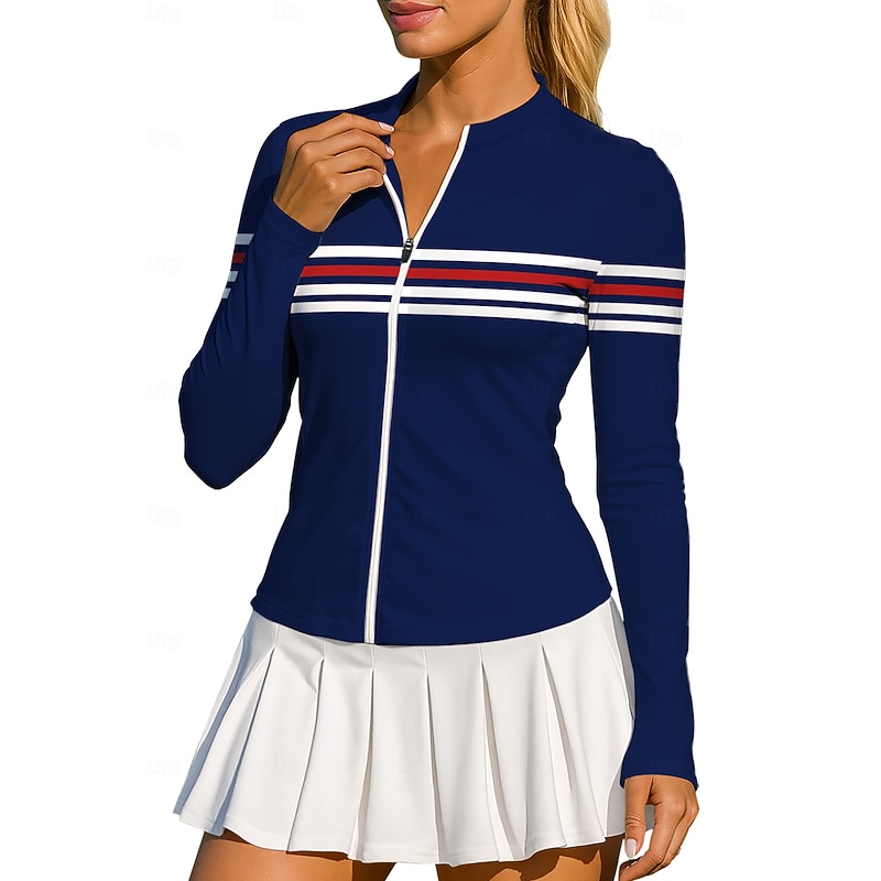 Women's Geometric Stripes Tops Sport Shirt Tennis Shirt Tennis Tee Long Sleeve Zipper Floral UPF50+ UV Resistant High Elasticity Moisture Wicking Breathable Volleyball Tennis Golf Crew Neck Round