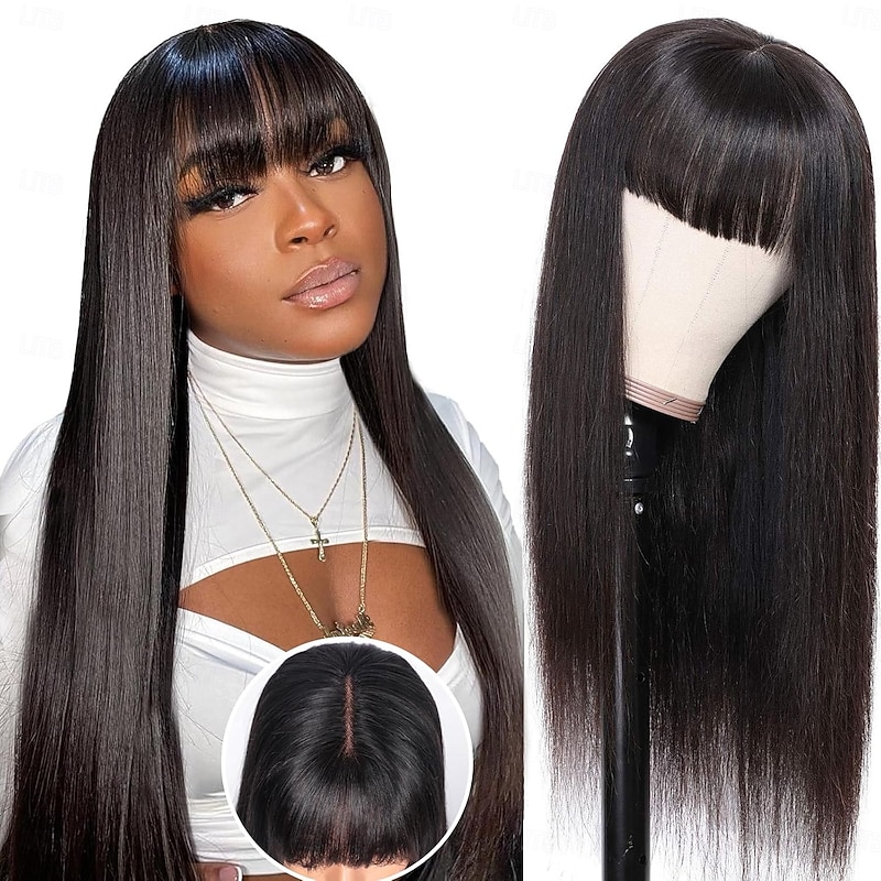 Bang Wig Human Hair 180% Density Upgrade 2x1 HD Lace Glueless Wig with Bangs Human Hair Staight Wig with Bangs for Black Women