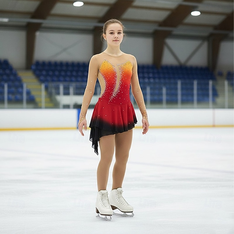 Figure Skating Dress Women's Girls' Ice Skating Dress Outfits Violet Yellow Dusty Rose Asymmetric Hem Mesh Spandex Competition Skating Wear Fashion Long Sleeve Ice Skating Figure Skating