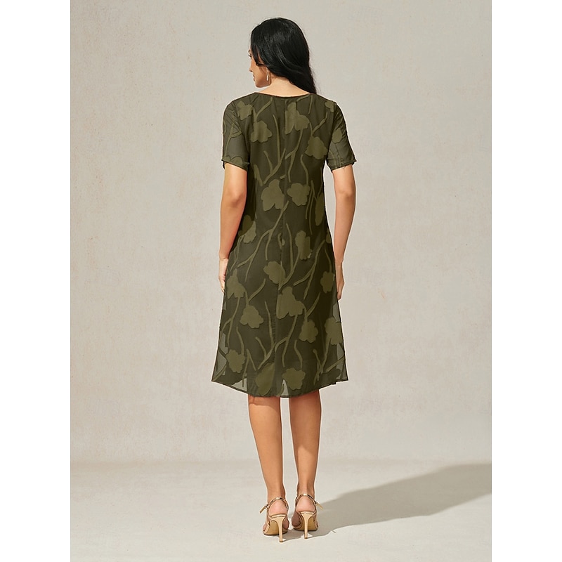 Women's Knee Length Dress Chiffon Dress Elegant Casual Loose Fit Floral Short Sleeve Crew Neck Olive Summer3