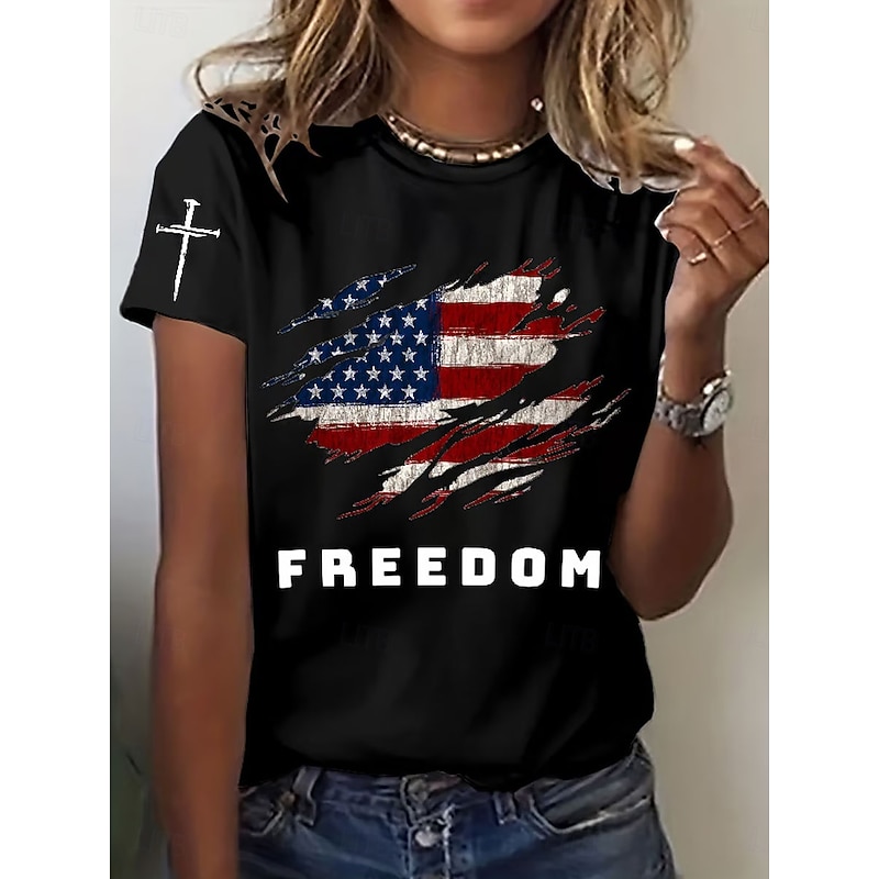 Women's T Shirt Graphic Letter American Flag Vintage Stylish Classic Short Sleeve Crew Neck Regular Tops Daily Print Black White Red Blue Summer Spring4