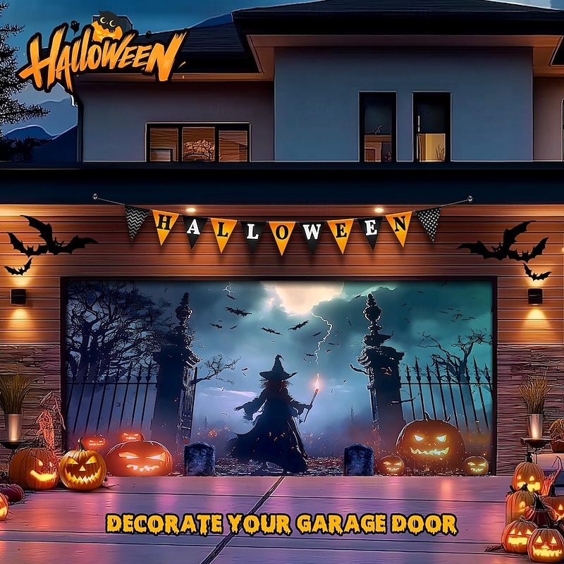Halloween Garage Door Cover Pumpkin Skull and Bat Castle Banner Haunted House Horror Scene Spooky Backdrop Tapestry for Outdoor Wall Fence Yard Halloween Party Decoration2