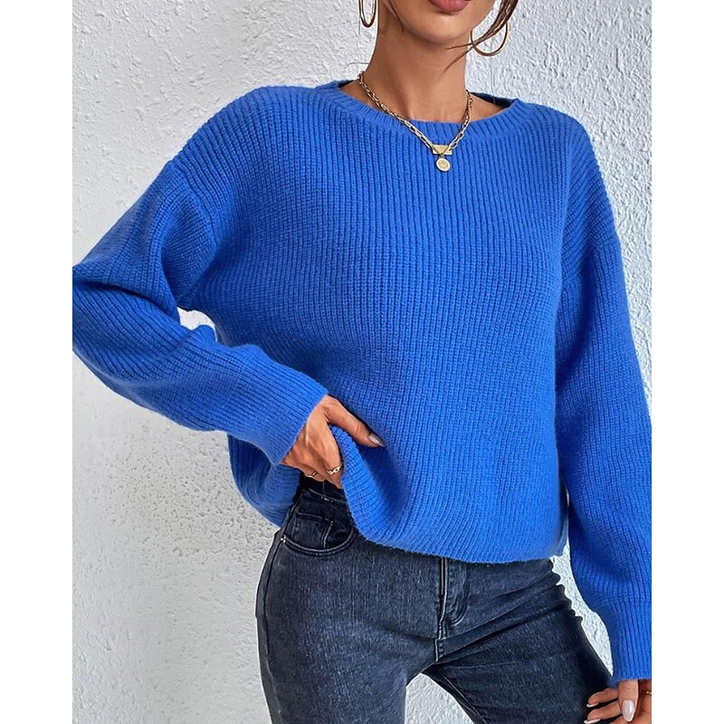 Women's Sweater Pullover Streetwear Casual Solid Color Crew Neck Knitted Long Sleeve Regular Tops Knit Daily Holiday Going out Royal Blue Fuchsia Fall Winter3