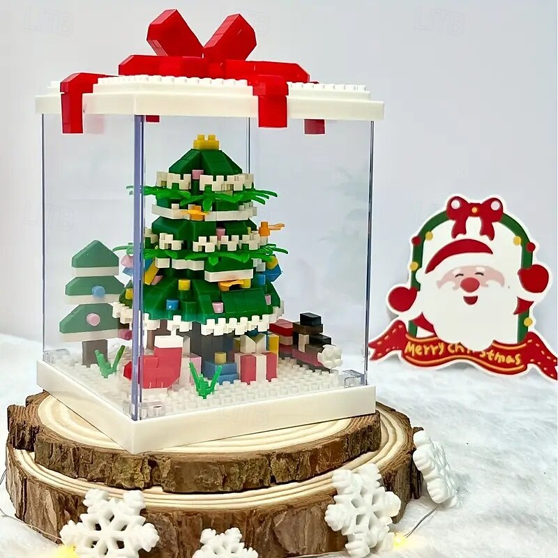 Christmas Tree Building Block Gift Box Ornament with Presents, Mini Snowman, and Festive Decorations, Clear Display Case, Perfect Xmas Tabletop Décor and Gift Idea