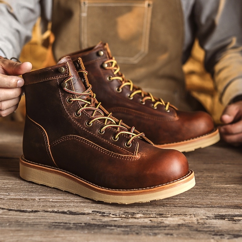 Men's Classic Brown Moc Toe Boots with Lace-Up Design and Stitched Sole, Comfortable Workwear Style for Outdoor Activities and Casual Daily Use2