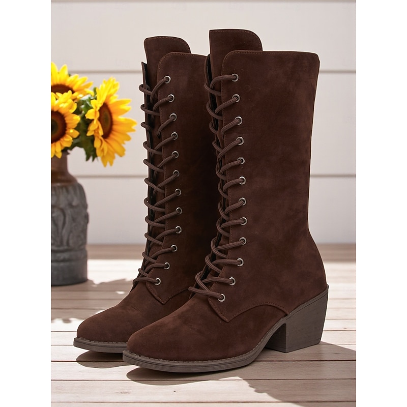 Women's Dark Brown Faux Suede Mid Calf Boots with Block Heel – Vintage Style Boots for Autumn & Winter and Daily Wear