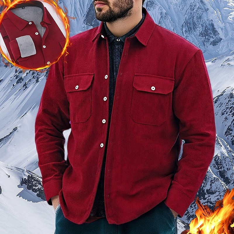 Men's Fleece Shirt Corduroy Shirt Button Up Shirt Cargo Shirt Overshirt Outdoor Work Red Blue Green Khaki Long Sleeve Turndown Spring &  Fall Clothing Apparel Pocket4