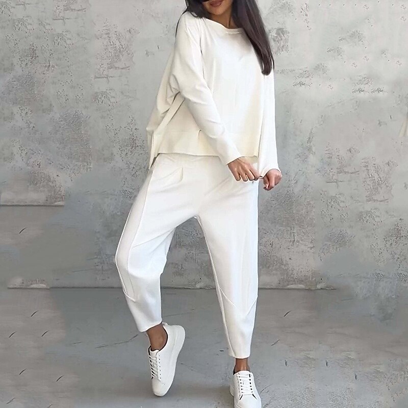 Women's Pullover Sweatsuit Sets 2 Piece Tracksuit Lounge Outfits  with Pocket Solid Colored Clothing Suit Fall Black White Gym Running Fitness Lightweight Breathable Long Sleeve Sport Activewear3