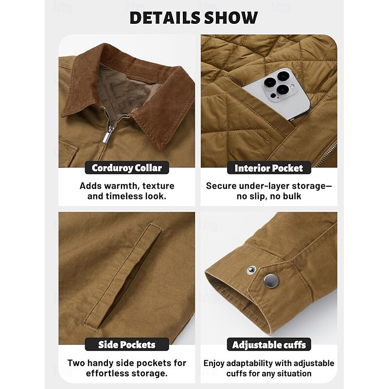 Men's Cotton Outdoor Jacket Shirt Jacket Cargo Jacket Padded Formal Home Pocket Plain Fall Autumn Solid Color Active Neutral Shirt Collar Short Black Navy Blue Brown Green Khaki Jacket2