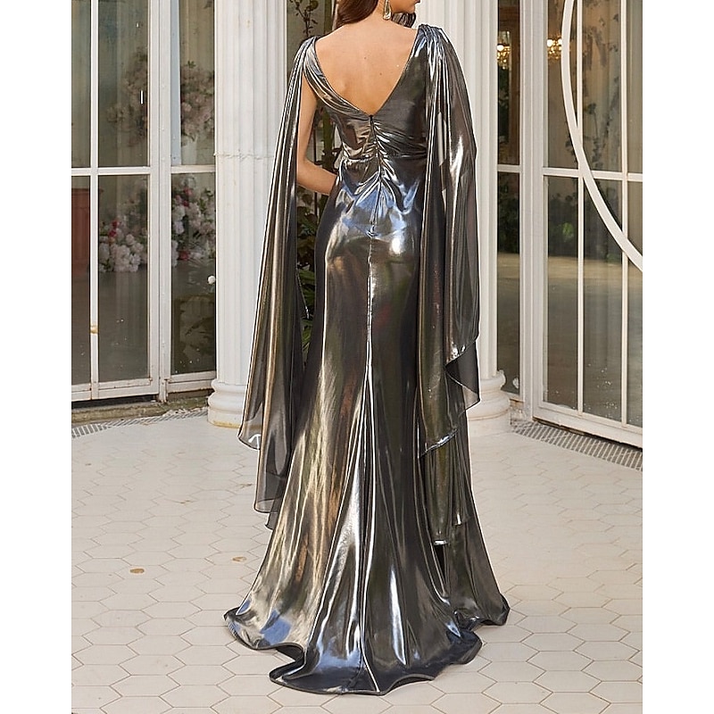 Mermaid / Trumpet Cape Evening Gown Elegant Formal Dress Formal Wedding Sweep / Brush Train Sleeveless Cowl Neck Capes Lurex Fabric with Glitter Pleats Crystals 20253