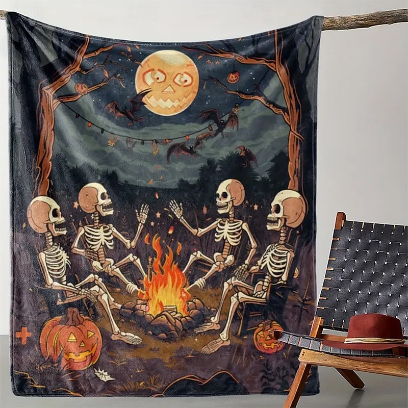 Halloween Fleece Throw Blanket for Couch Skeleton 3D Dark Punk Gothic Style Party Sofa Bed Decorative Warm Blanket Home Decor