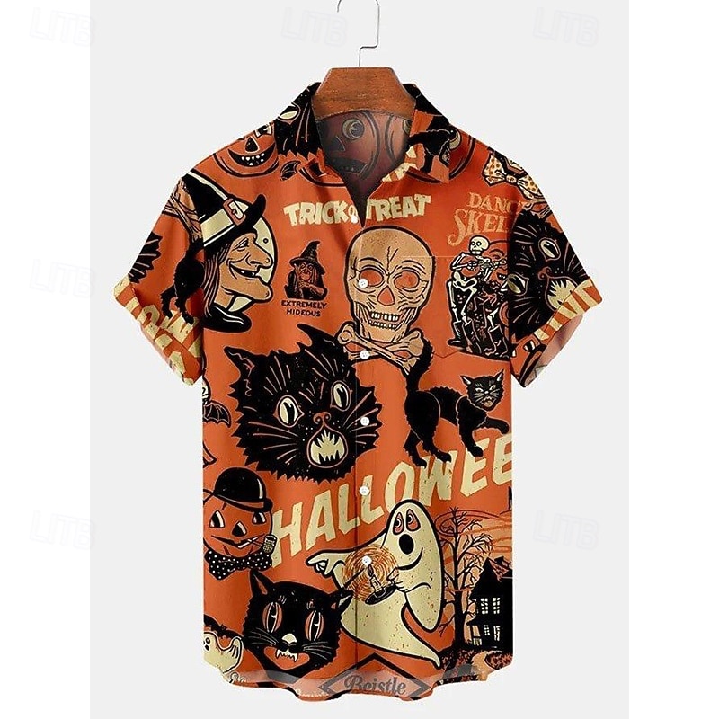Halloween Men's Grimace Lantern Face Shirt Summer Shirt Casual Shirt Short Sleeves Horror Vacation Daily Wear Theme Party Spring & Summer Lapel Print Black Grey Black White Black / Orange Orange3
