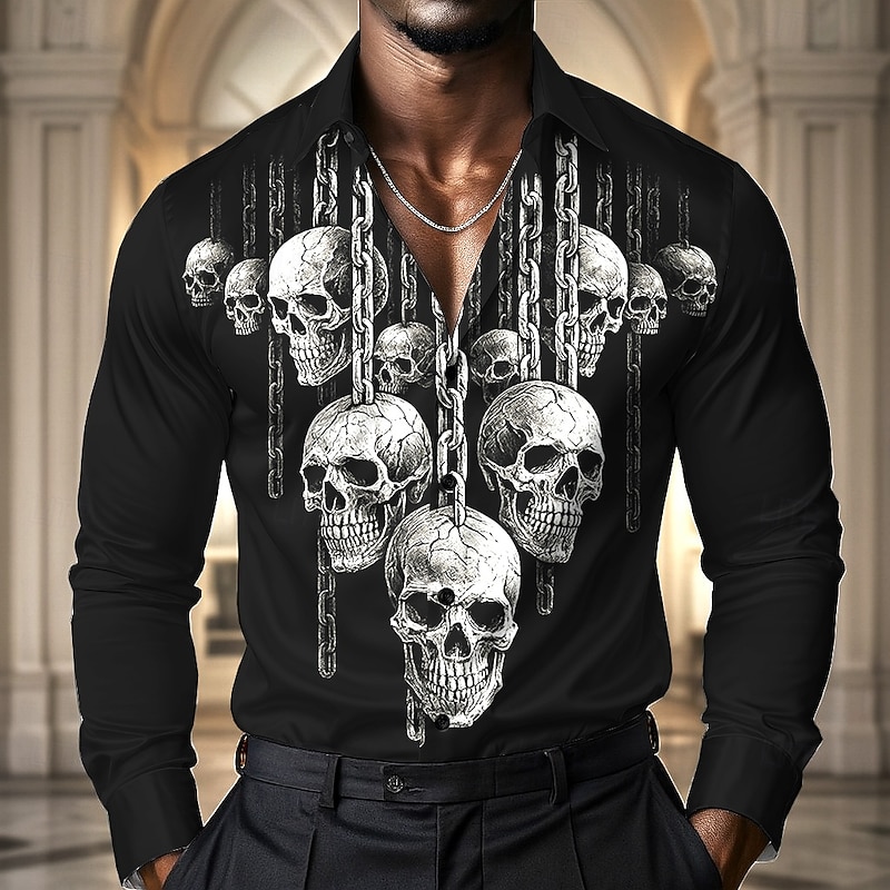 Halloween Men's Chains Print Skulls Shirt Satin Shirt Dress Shirt Long Sleeve Dark Gothic Style Outdoor Holiday Summer Spring Fall Turndown 3D Print Button Up Shirts Black White