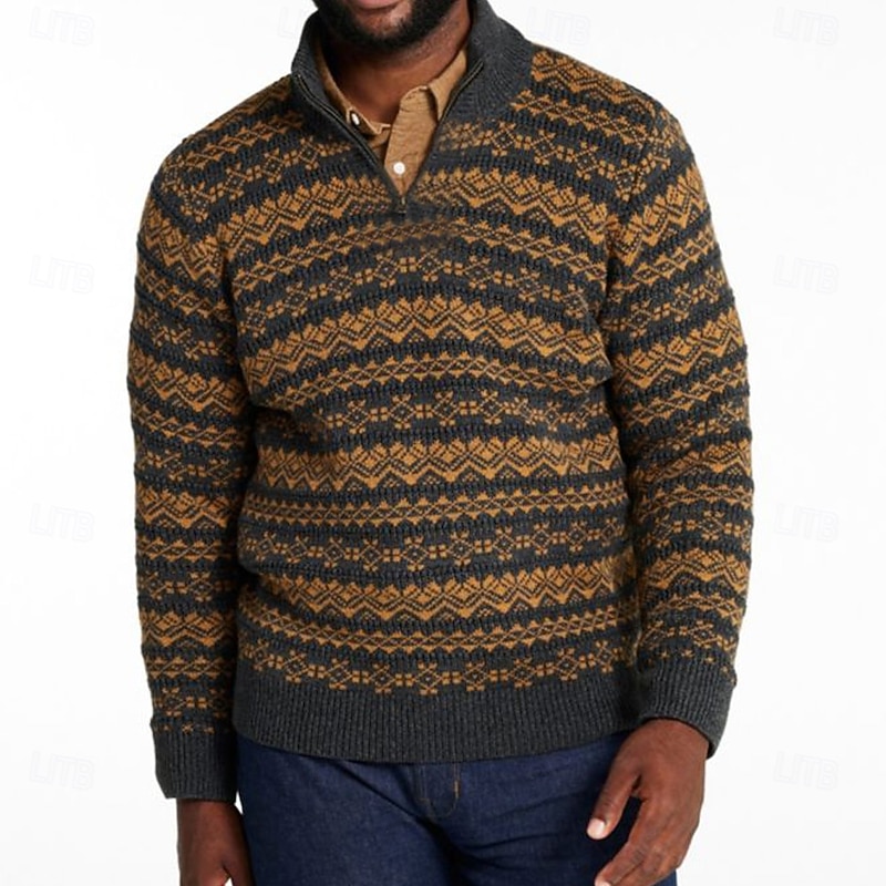 Men's Graphic Geometric Fair Isle Sweater Zip Sweater Sweater Polo Zip Collar Casual Vacation Home Daily Zipper Knitting Keep Warm Long Sleeve Fall Winter Brown