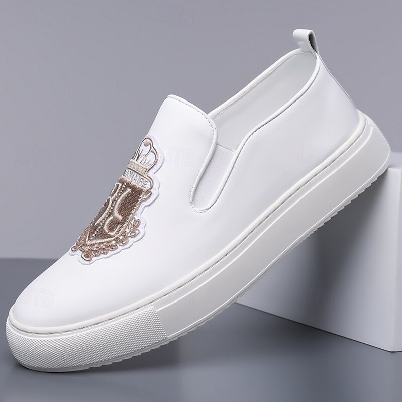 Men's White Casual Slip-On Sneakers – Embroidered Fashion Street Style Comfortable Walking Shoes for Daily Wear, Travel and Weekend Outfits