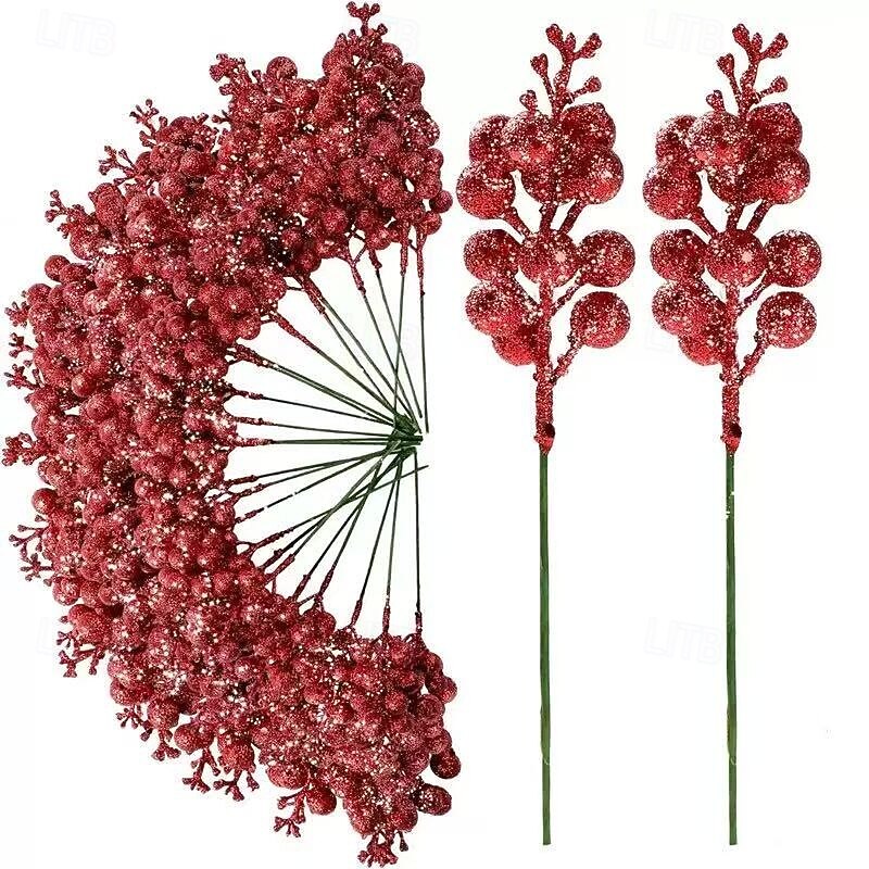 12pcs Christmas Berry Stems, Glitter Gold Poinsettia Branches with Berries and Leaves, Elegant Plastic Flowers for Xmas Tree, Wreath, Holiday Party and Home Decorations