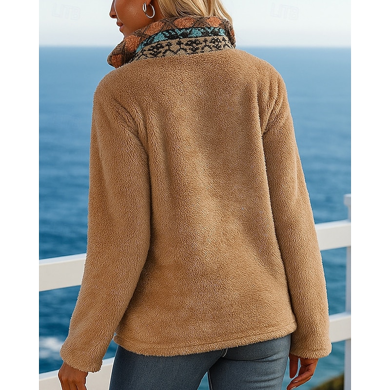 Women's Polar Fleece Sweatshirt Winter Pullover Sweatshirt Long Sleeve Top Athleisure Color Block Windproof Warm Outdoor Travel Sports Sportswear Activewear Red Khaki Gray3