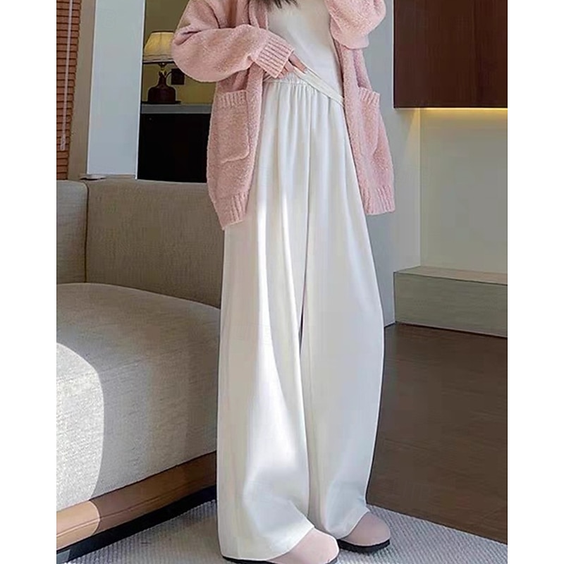 Women's Fleece Pants Wide Leg Pants Trousers Fashion Streetwear Full Length High Waist Plain Elastic Waist Knitted Warm Comfortable Micro-elastic Street Daily Wear Going out Light Coffee Black Dark2