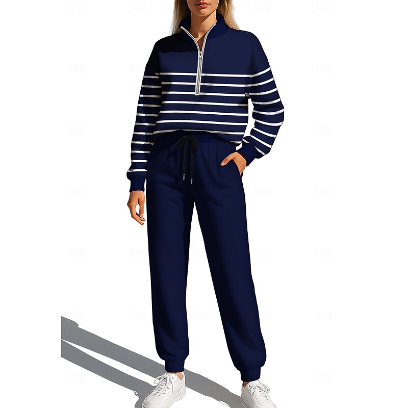 Women's Sweatshirt Tracksuit Sweatsuit Drawstring Zipper Geometric Jacket and Sweatpants Athletic Clothing Set Spring Dark Navy Casual Workout Outdoor Soft Baggy Long Sleeve Sport Activewear Stretchy